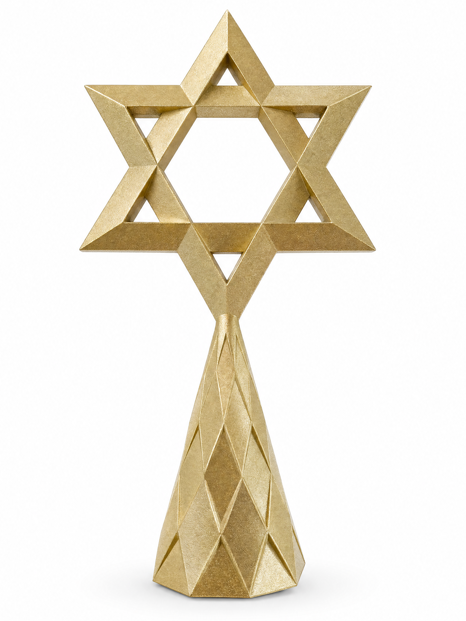 A gold-colored geometric Star of David tree topper with a faceted, low-poly design, on a clean white background.