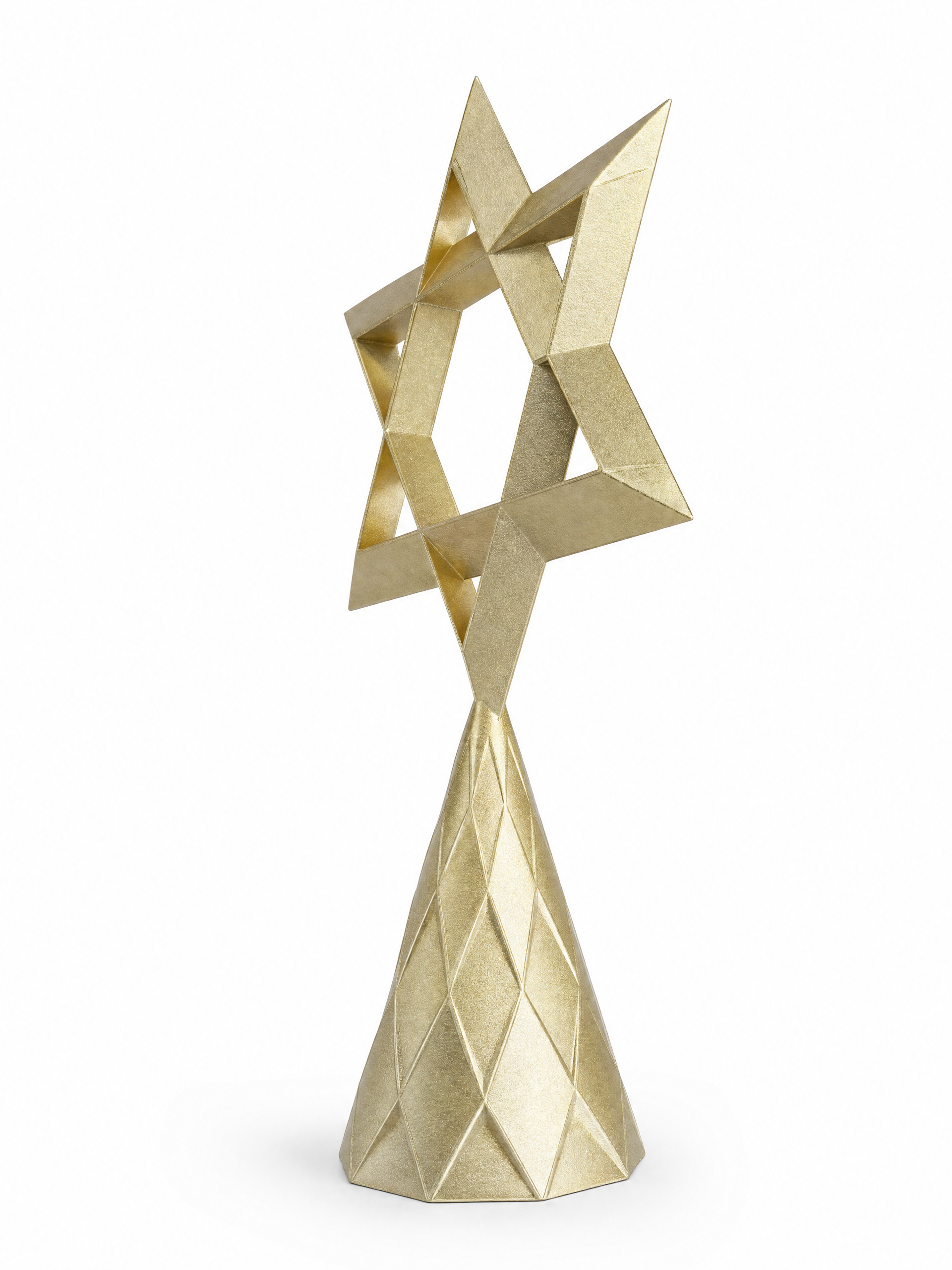 A gold-colored geometric Star of David tree topper with a faceted, low-poly design, on a clean white background, from the side.